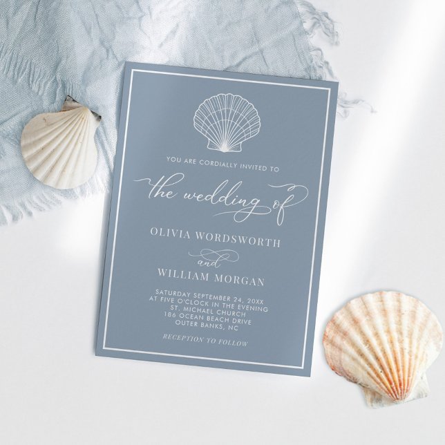 Dusty Blue Elegant Beach Seashell Wedding Einladung (Von Creator hochgeladen)