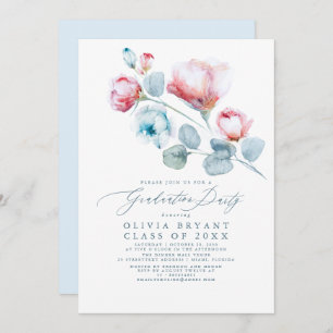 Dusty Blue Elegant Boho Floral Graduation Party Einladung