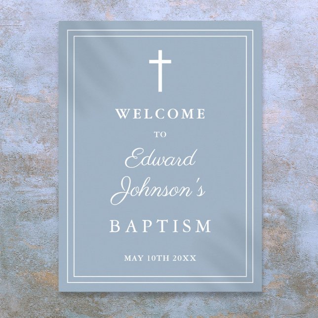 Dusty Blue Elegant Border Baptisse Begrüßungszeich Poster (Dusty Blue Elegant Border Baptism Welcome Sign)