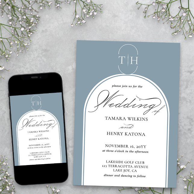 Dusty Blue Elegant Calligraphy Mit Monogramm Weddi Einladung (Dusty Blue Monogrammed Wedding Invitation from my Wedding Colors Collection)