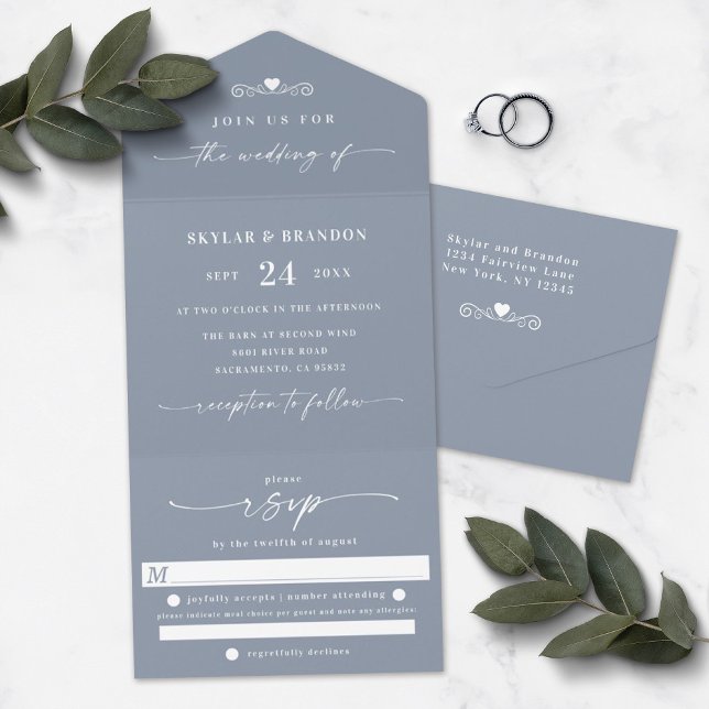 Dusty Blue Elegant Calligraphy Wedding All In One Einladung (Von Creator hochgeladen)