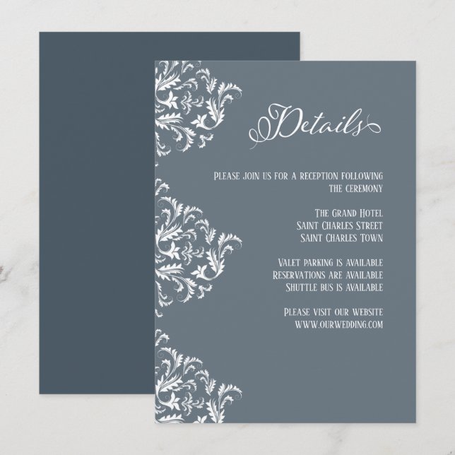 Dusty Blue Elegant Calligraphy Wedding Details Begleitkarte (Vorne/Hinten)