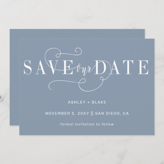 Dusty Blue Elegant Einfache handgeschriebene Kalli Save The Date (Vorne/Hinten)