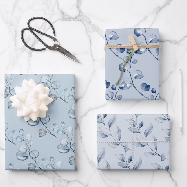 Dusty Blue Elegant Eucalyptus Wedding Gift Geschenkpapier Set (Vorderseite)