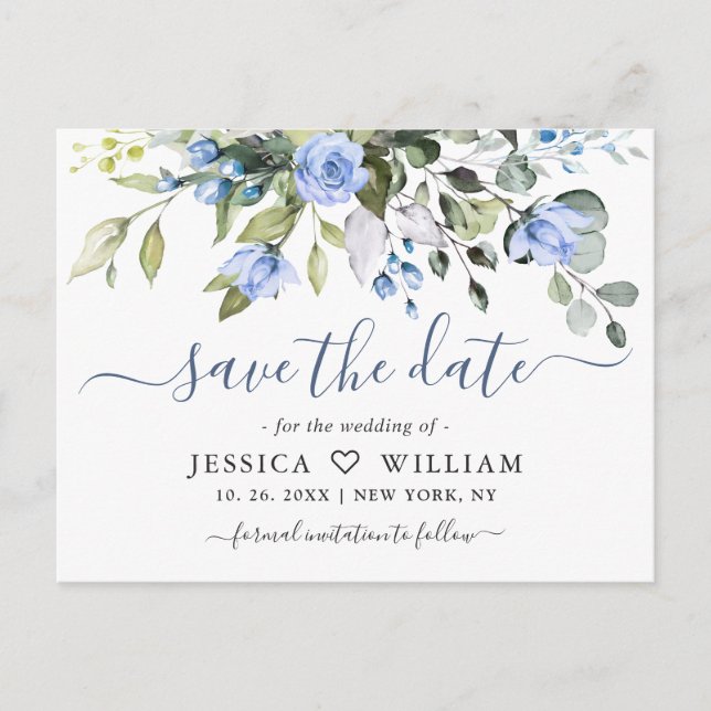 Dusty Blue Elegant Eukalyptus-Rose Save the Date Postkarte (Vorderseite)
