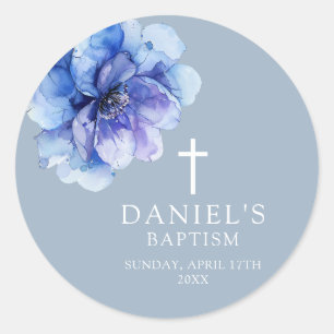 Dusty Blue Elegant Flora Taufe Runder Aufkleber