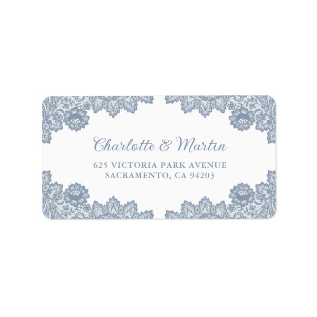 Dusty Blue Elegant Floral Lace Wedding Adressaufkleber (Vorne)