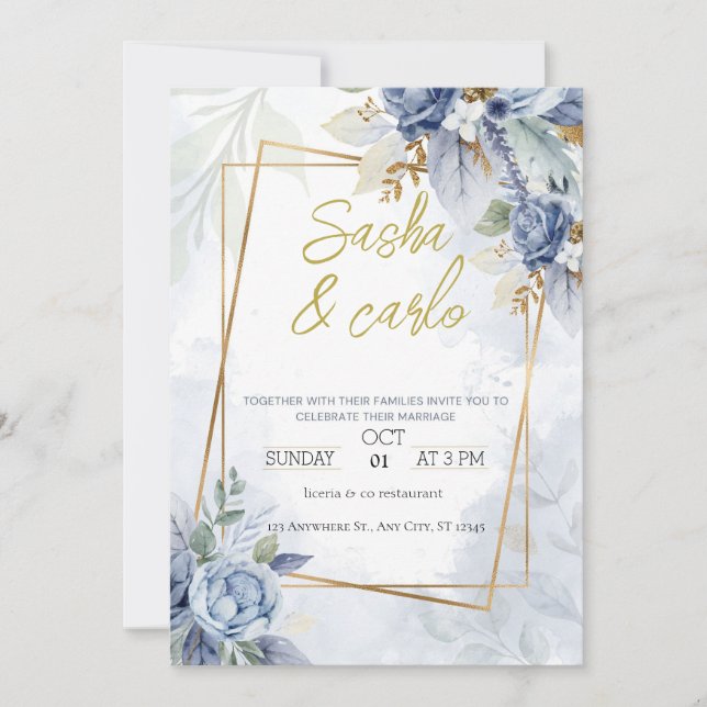 Dusty Blue Elegant Floral Wedding Einladungskarte Einladung (Vorderseite)