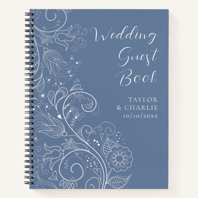 Dusty Blue Elegant Floral Wedding Guest Book Notizbuch (Vorderseite)