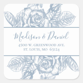 Dusty Blue Elegant Floral Wedding Rücksendeadresse Quadratischer Aufkleber