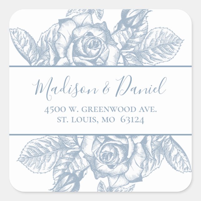 Dusty Blue Elegant Floral Wedding Rücksendeadresse Quadratischer Aufkleber (Vorderseite)