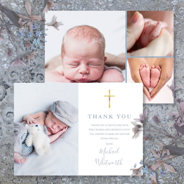 Dusty Blue Elegant Foto Collage Script Taufe Dankeskarte (Dusty Blue Elegant Photo Collage Script Baptism Thank You Card)
