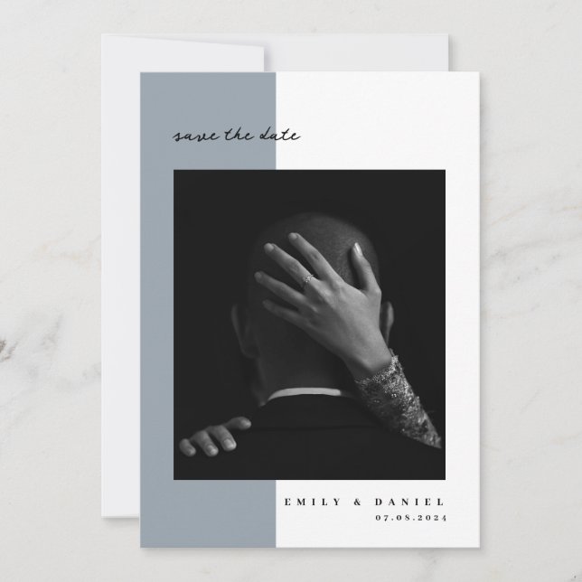 Dusty Blue Elegant Foto Save the Date Einladung (Vorderseite)