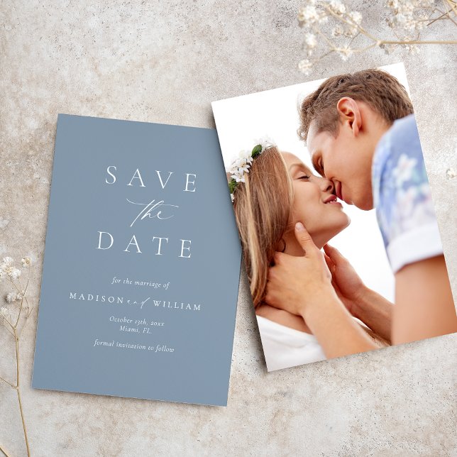 Dusty Blue Elegant Foto Wedding Save the Date (Von Creator hochgeladen)
