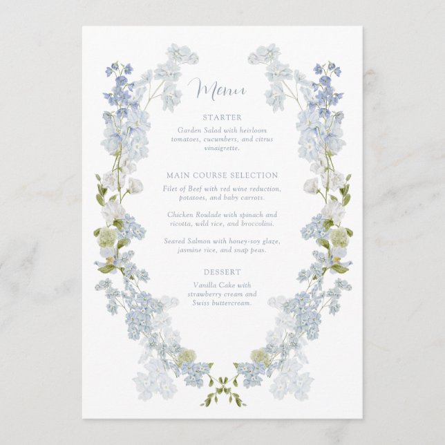Dusty Blue Elegant Garden Vintage Bridal Shower Menükarte (Vorderseite)