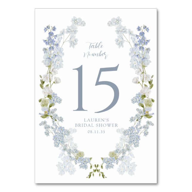 Dusty Blue Elegant Garden Vintage Bridal Shower Tischnummer (Vorderseite)