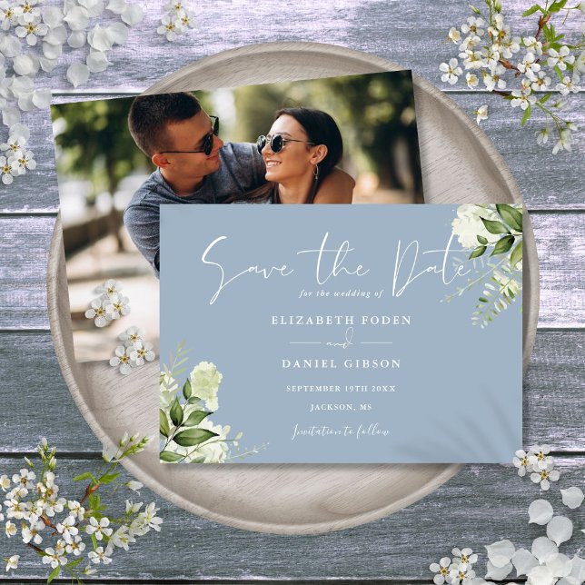 Dusty Blue Elegant Grüne Foto Hochzeit Save The Date (Dusty Blue Elegant Greenery Floral Photo Wedding Save The Date)