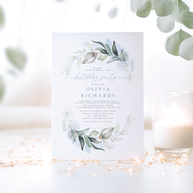 Dusty Blue Elegant Grüne Geburtstagsparty Einladung (Dusty Blue Greenery Birthday Invitations)