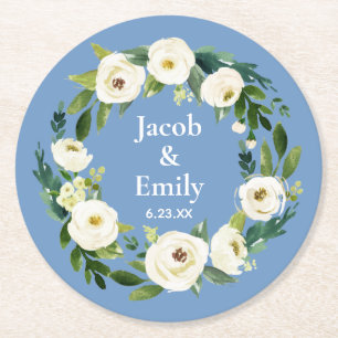 Dusty Blue Elegant Grüne Personalisierte Hochzeit Runder Pappuntersetzer