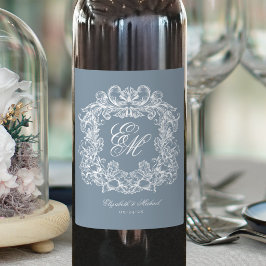 Dusty Blue Elegant Monogram Crest Vintage Wedding Weinetikett