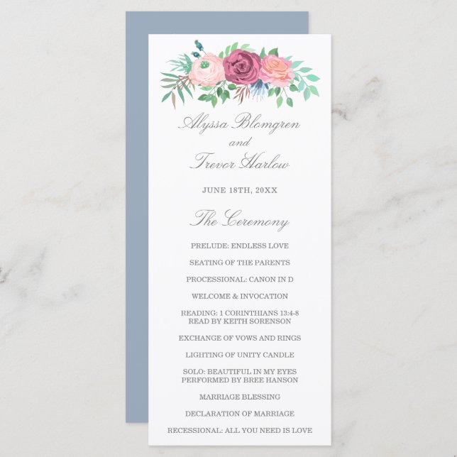 Dusty Blue Elegant Pink Floral Wedding Programm (Vorne/Hinten)