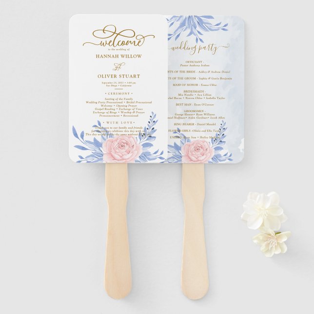 Dusty Blue Elegant Pink Floral Wedding Programs Fächer (Vorne und Hinten)