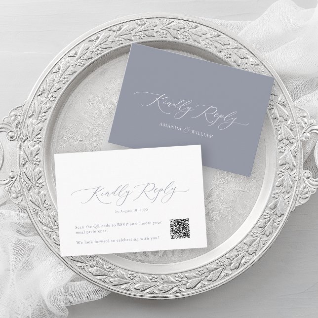 Dusty Blue Elegant QR Code RSVP Card Begleitkarte (Von Creator hochgeladen)
