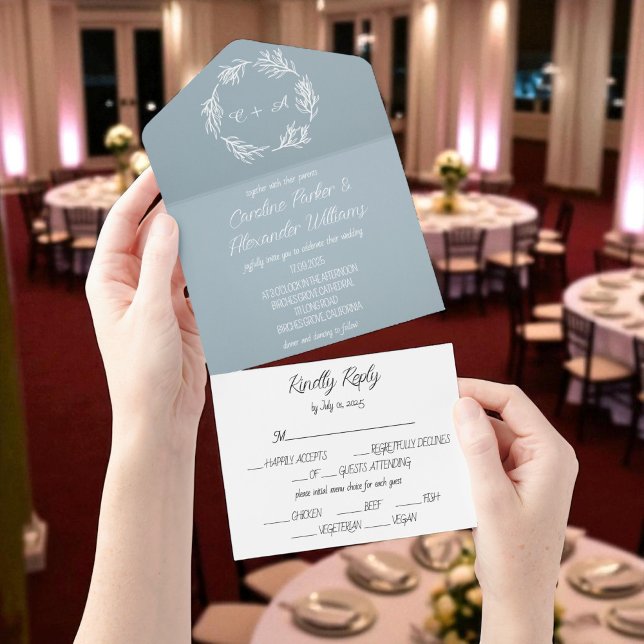 Dusty Blue Elegant Rustikale Eukalyptus Einzigarti All In One Einladung (Von Creator hochgeladen)