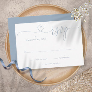 Dusty Blue Elegant Script Heart Simple RSVP Karte