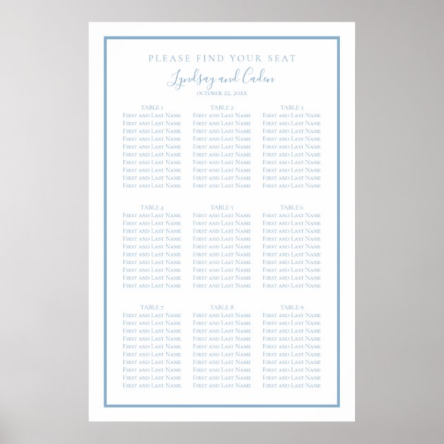 Dusty Blue Elegant Script Hochzeitsdiagramm Poster (Vorne)