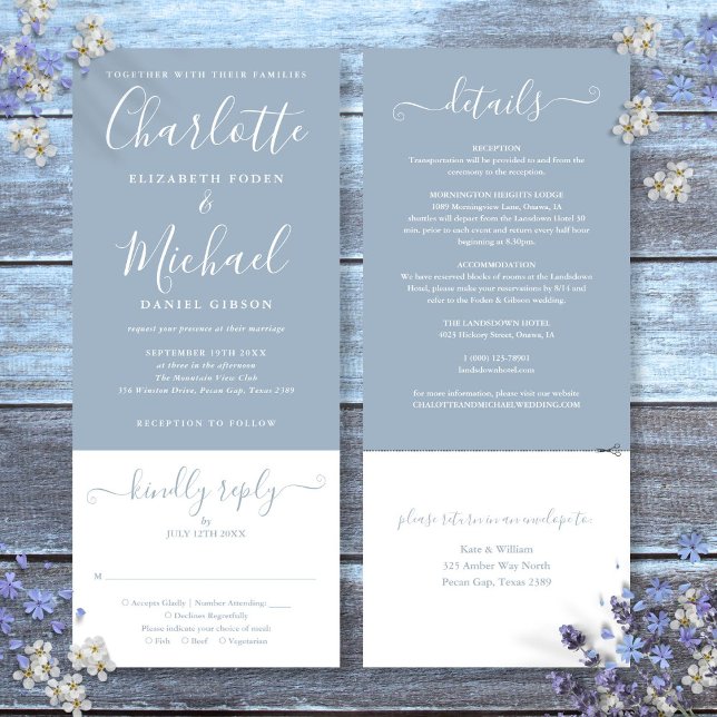 Dusty Blue Elegant Script in einer Hochzeit Einladung (Dusty Blue Elegant Script All In One Wedding Invitation)