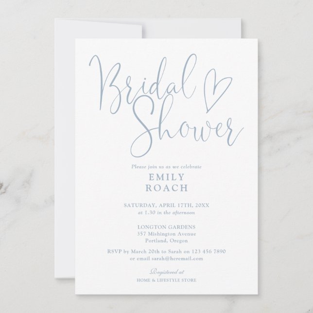Dusty Blue Elegant Script QR Code Brautparty Einladung (Vorderseite)