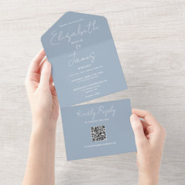 Dusty Blue Elegant Script QR Code Wedding All In One Einladung