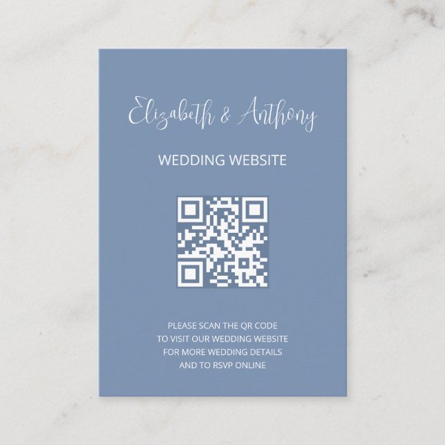 Dusty Blue Elegant Script | QR Code Wedding RSVP Begleitkarte (Vorderseite)