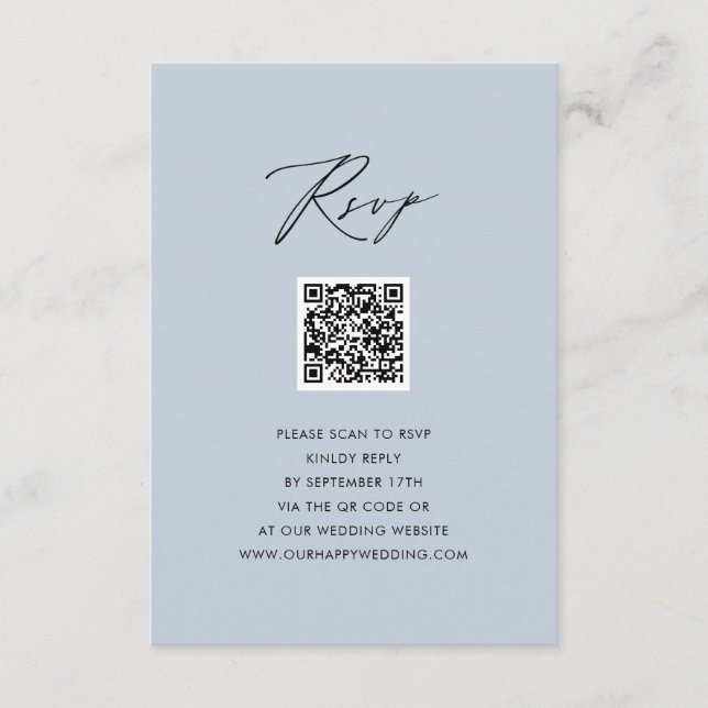 Dusty Blue Elegant Script Simple QR Wedding RSVP Begleitkarte (Vorderseite)
