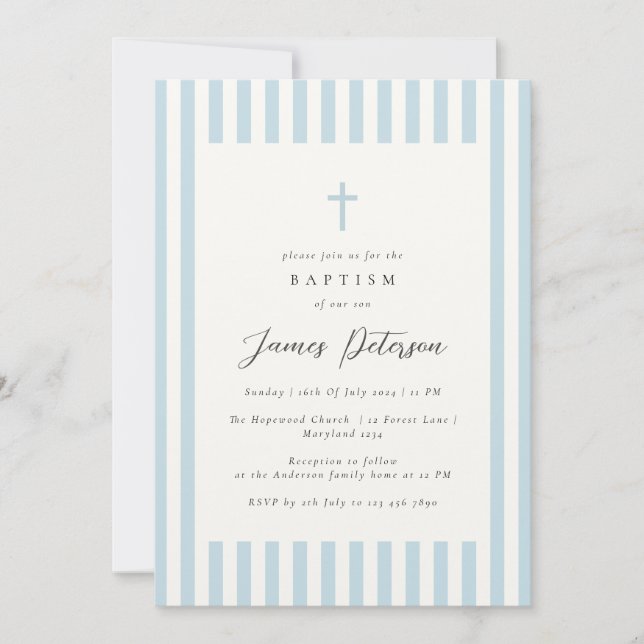 Dusty Blue Elegant Taufe Boy Einladung (Vorderseite)