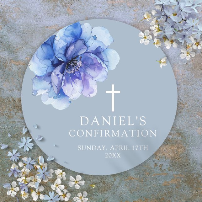 Dusty Blue Elegant Watercolor Floral Confirmation Runder Aufkleber (Dusty Blue Elegant Watercolor Floral Confirmation Classic Round Sticker)