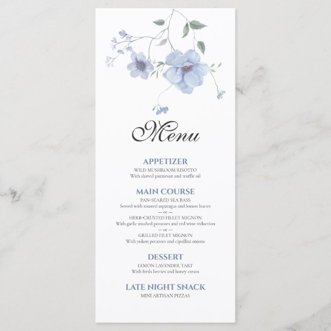 Dusty Blue Elegant Watercolor Floral Wedding Menükarte (Vorderseite)