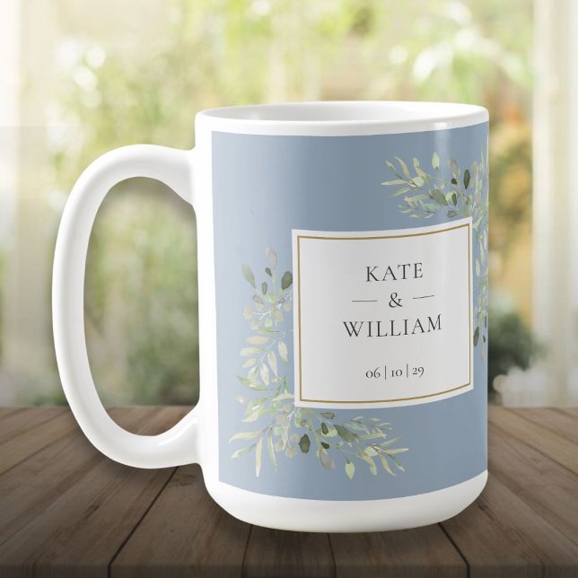 Dusty Blue Elegant Watercolor Grüne Hochzeit Kaffeetasse (Dusty Blue Elegant Watercolor Greenery Wedding Coffee Mug)