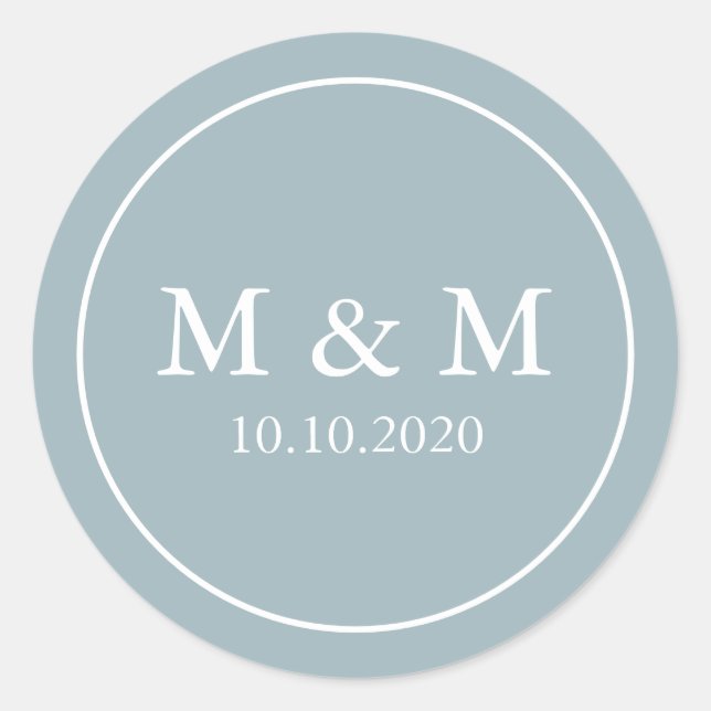 Dusty Blue Elegant Wedding Classic Monogram Runder Aufkleber (Vorderseite)