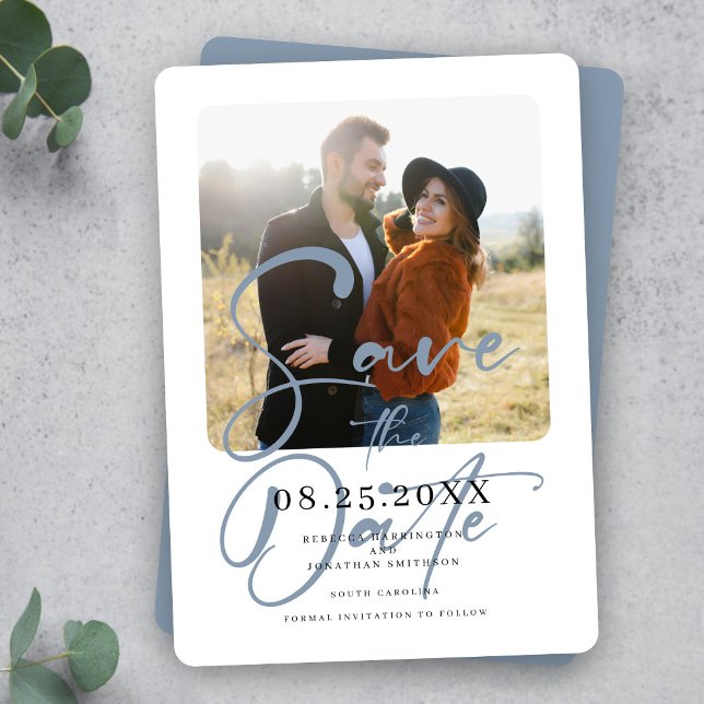 Dusty Blue Elegant Wedding Foto Save the Date (Von Creator hochgeladen)