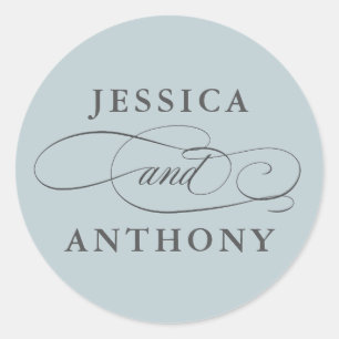 Dusty Blue Elegant Wedding mit Couple's Names Runder Aufkleber
