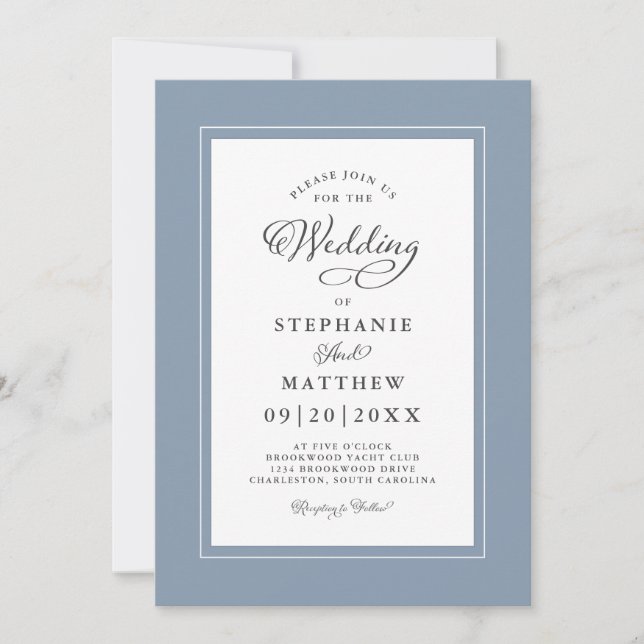 Dusty Blue Elegant Wedding Modern Calligraphy Einladung (Vorderseite)
