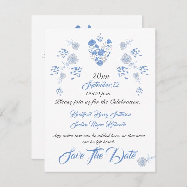 Dusty Blue Elegant White Gray Blumenherz Hochzeit Save The Date (Vorne/Hinten)