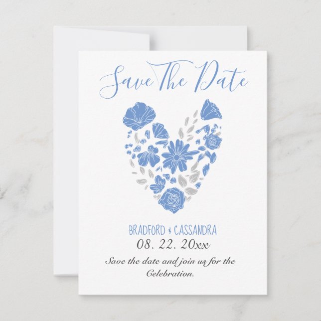 Dusty Blue Elegant White Gray Floral Heart Wedding Save The Date (Vorderseite)
