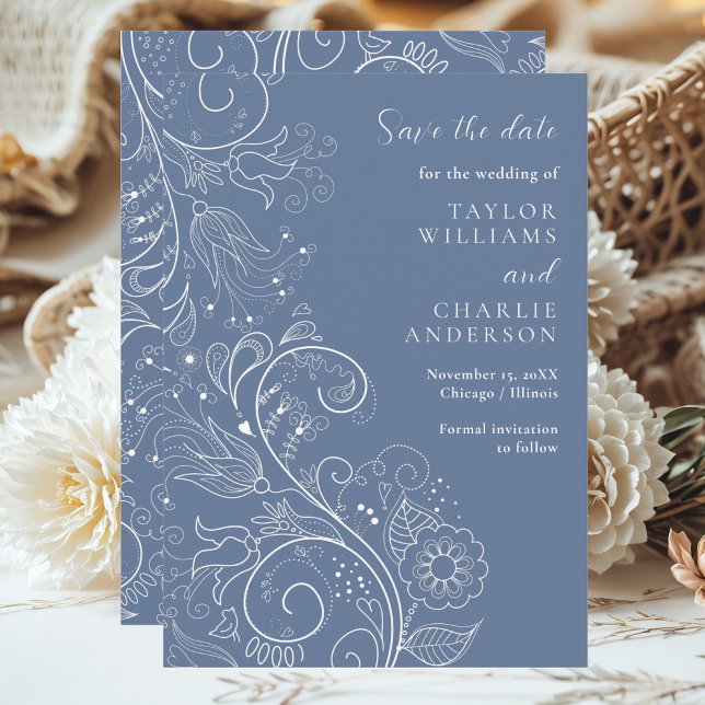 Dusty Blue Elegante Blumenhochzeit Save The Date (Von Creator hochgeladen)