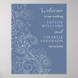 Dusty Blue Elegante Blumenhochzeit Willkommen Poster