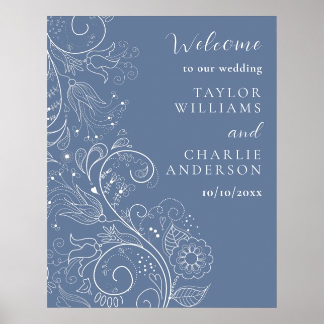 Dusty Blue Elegante Blumenhochzeit Willkommen Poster (Vorne)