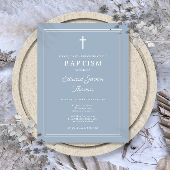 Dusty Blue Elegante Border Baptism Einladung Postkarte (Dusty Blue Elegant Border Baptism Invitation Postcard)