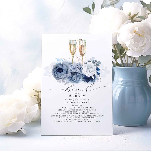 Dusty Blue Elegante Brunch und Bubbly Brautparty Einladung (Dusty Blue Floral Bridal Shower Invitations Brunch and Bubbly)